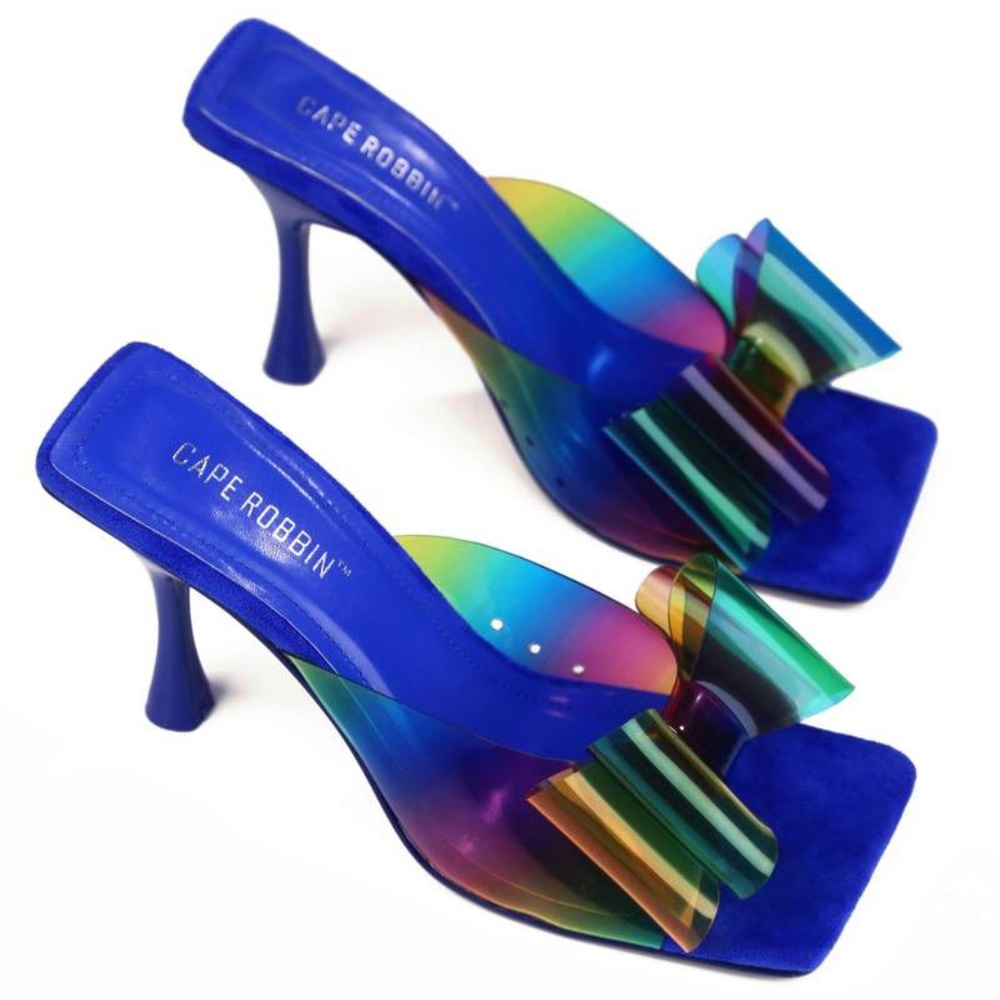 Rainbow Bow PVC Square Toe Heels -  BLUE